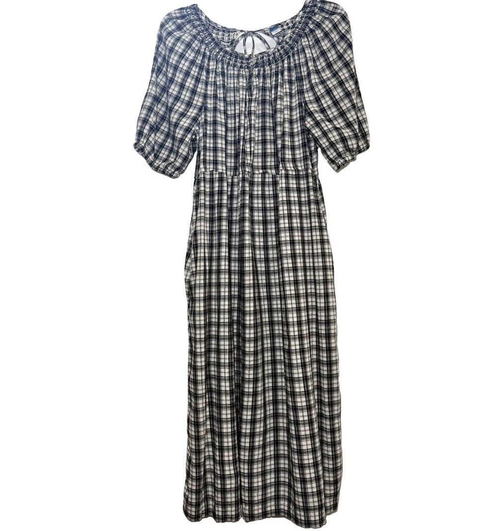 Old Navy Petite M Black White Plaid Smocked Neck Midi Dress Cottagecore Boho - Picture 2 of 7